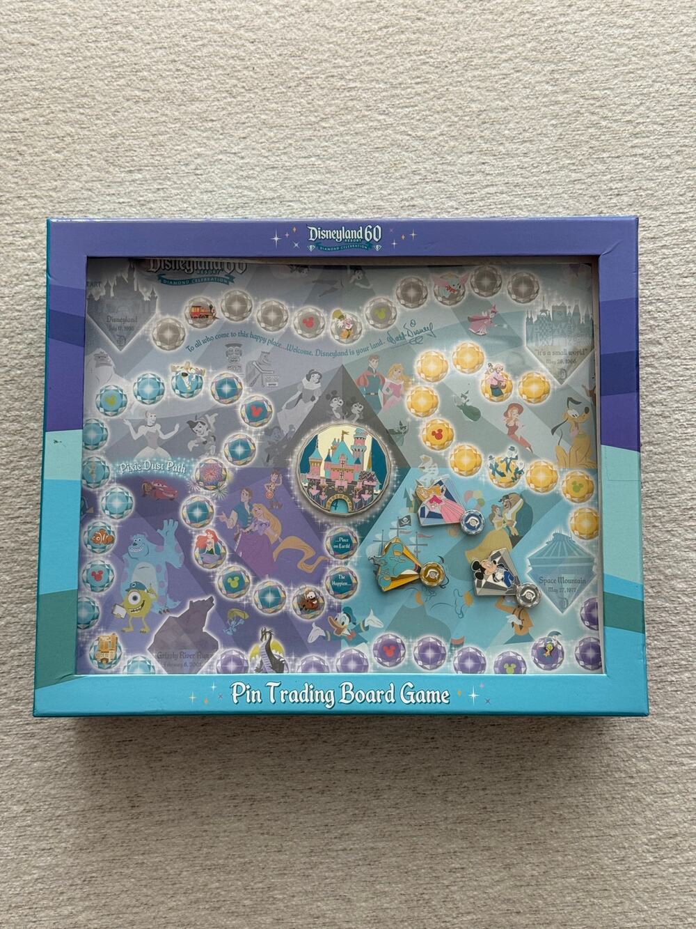 NEW Disneyland 60th Diamond Anniversary Pin Trading Board Game with 4 Pins Rare - Picture 1 of 8
